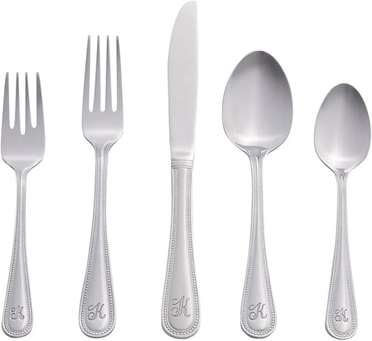 RiverRidge Monogrammed Beaded Flatware Set - K - 46-Piece Silverware with Custom Letter Stamp, 18/0 Stainless Steel Utensils Set for Daily Use & Special Occasions - Dishwasher Safe, Versatile Design