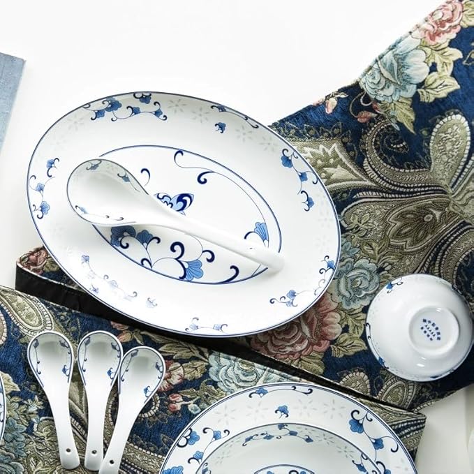 56pcs Blue and White Porcelain Glazed Ceramic Dinnerware Sets Chinese Style Plates Bowls Tableware Set for Home Use and Housewarming Gifts