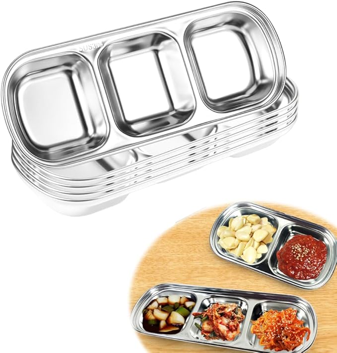3 Piece Stainless Steel Sauce Tray, Divided DippingTray, 3 Compartment Appetizer Serving Tray for Sauce, Ketchup, Dressing, Silver, 8 X 3 Inches (3 Compartment)