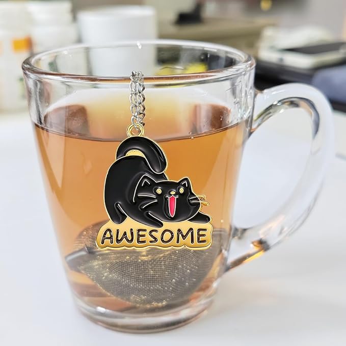 3 pcs tea infuser loose tea strainer, heart shaped stainless steel loose leaf tea infuser tea ball, cute pendant tea ball set tea gifts for tea lovers women (Angry Cat)
