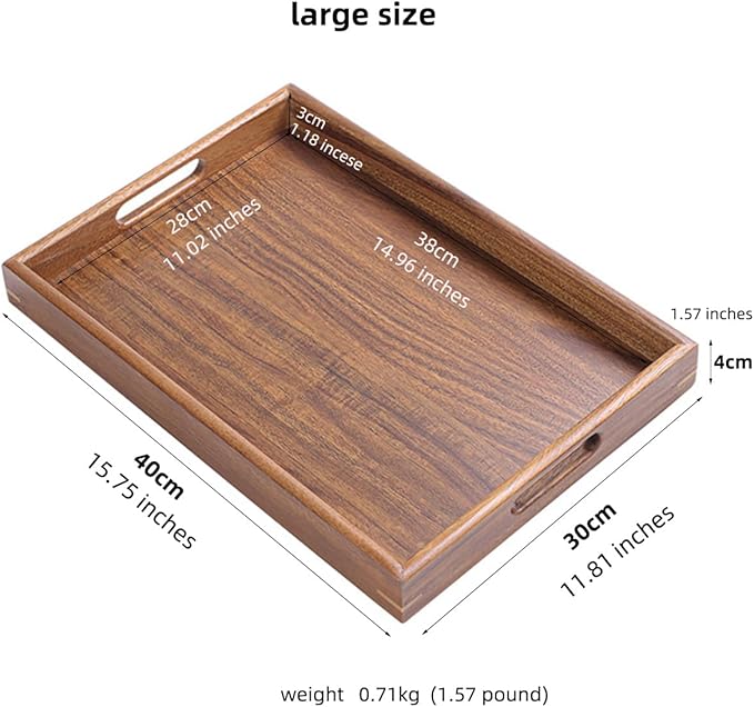 Wood Serving Tray with Handles Home Decorative Serving Trays Platter for Breakfast in Bed, Solid Wooden Serveware for Lunch, Dinner, Coffee Table, Used in Kitchen,Party and Outdoors.