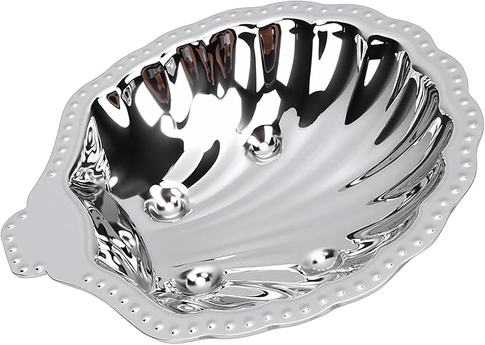 Pssopp Serving PlattersFruit BowlsTrays Dish, 304 Stainless Steel Silver Vintage Shell Shape Tray for Jewelry Nuts Dried Fruits Appetizers Metal Snack Serving Silver Tray