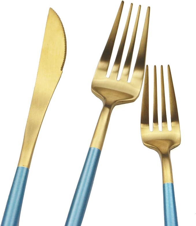 Gugrida Blue Gold Flatware, Royal 40 Pieces Matte Blue Handle 18/10 Stainless Steel Cutlery Sets for 8 Including Forks Spoons Knives, Camping Silverware Travel Utensils Set Tableware
