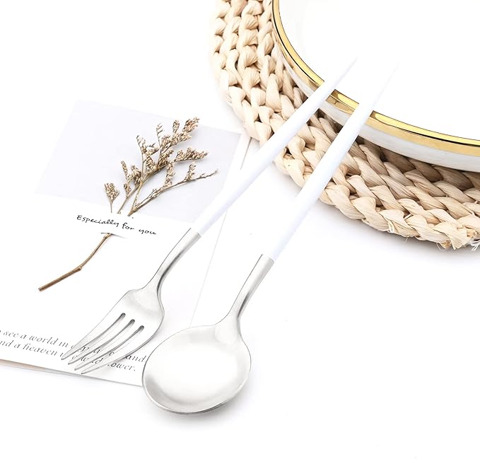 24-piece Snplowum Silver Satin Finished Serving Set, 18/10 Stainless Steel Flatware With White Round Hanle For Daily Use Salad Coffee Include Knife/Fork/Spoon, Service For 4 (White Silver)