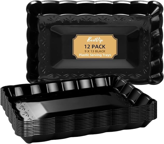BESTVIP 12 Pack Black Plastic Serving Trays - 9x13 Rectangle Flower - Edged Cookie Platters for Halloween, Events, Weddings, Daily Meals, Parties, Snacking, Crafting & Pet Feeding