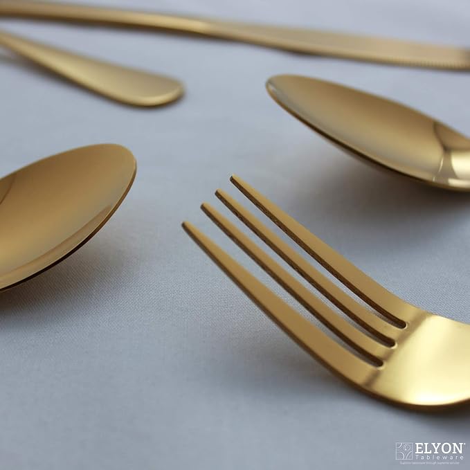 Elyon Tableware® Euro 24 piece Gold Flatware, Stainless Steel Silverware Set, Reflective Mirror Finish Cutlery Set, Reusable Dishwasher Safe, Service For 6