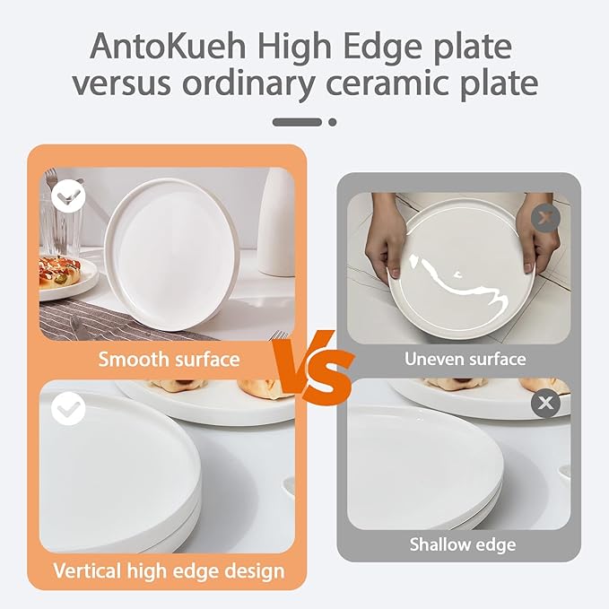 AntoKueh White Porcelain Flat Dessert Plates Set of 6, 8.2 Inch Ceramic Dishes with High Edge for Kitchen, Appetizer, salad, Dishwasher/Microwave safe