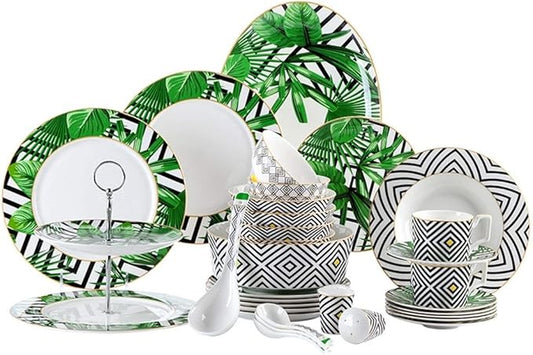 56-Piece 24K Gold Floral Design Dinnerware Set Nordic Ceramic Combi-Set Porcelain Tableware Set of Bowls/Dessert Plates/Soup Plates/Dinner Plates