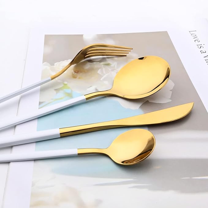 White Gold 24Pcs Flatware Set With Stand, Lightweight Dinnerware Set Stainless Steel Cutlery With White handles For Home Kitchen Wedding Party And Daily Use,Service For 6, Mirror Polish