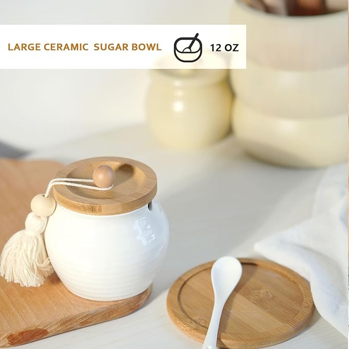 Sugar Bowl with Lid and Spoon,White Ceramic Sugar Container With Bamboo Lid and Tray,Dia 3.4'' H 4''|12oz