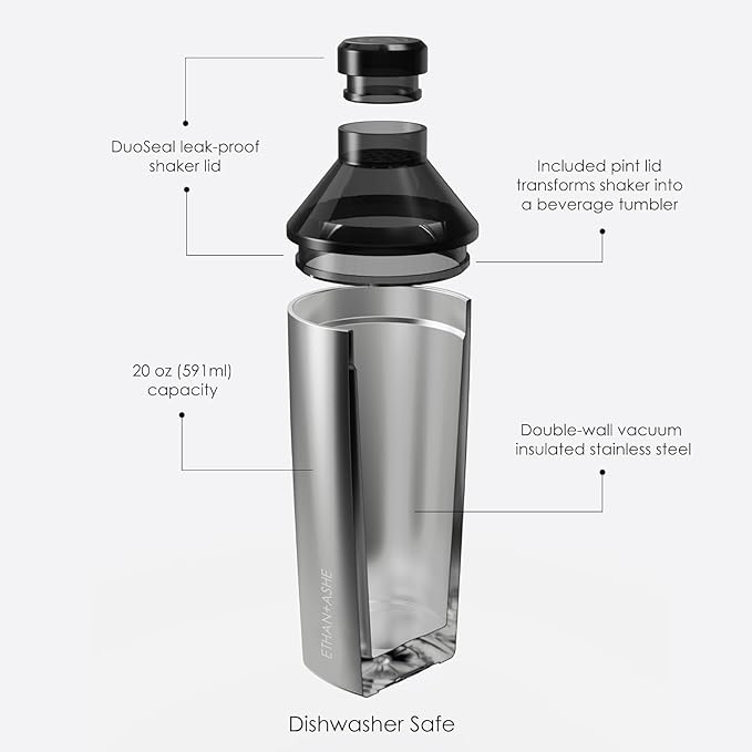 Koolhaus Cocktail Shaker - Ethan + Ashe - Vacuum Insulated Cocktail Shaker and Cocktail Strainer - Double-Wall - Travel Lid Included - Essential Bar Tools - 20oz Total Volume - Stainless Steel
