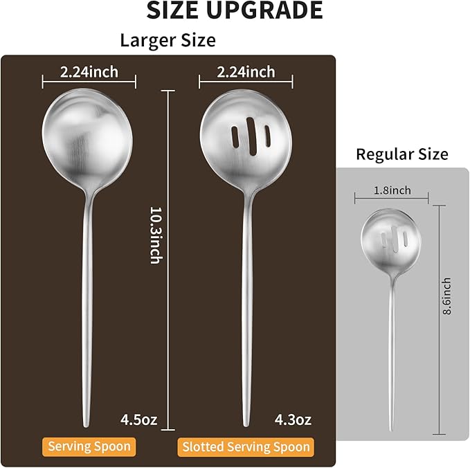 O.C.E. 4 Pieces Serving Spoons Set,10.3-Inch Large Serving Spoon,Including 2 Serving Spoon and 2 Slotted Spoon,Stainless Steel Flatware Serving Set,for Buffet,Banquet or Gift,Matte Silver
