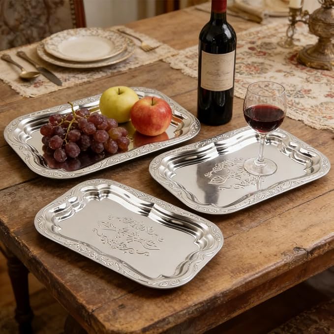 3Pack Silver Serving Trays Set,Vintage Floral Engraved Mirror Decorative Tray,Silver Platter Tray for Whiskey, Cookies, Charcuterie, Snacks, Desserts, Fruit, Party Food Display