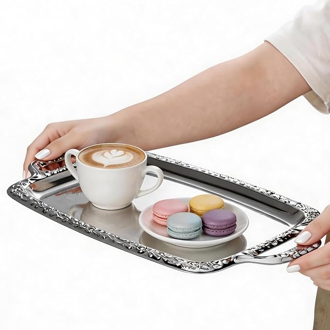 Silver Metal Serving Tray with Handle, Rectangular Storage Plate for Kitchen and Living Room, Food Tableware Tray, Vintage Style Serving Plate, 15. 33 X 9. 04 Inch