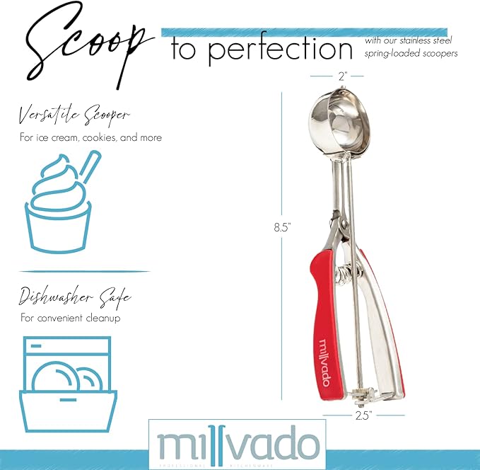 Ice Cream Scooper With Trigger - Stainless Steel Round Food Scooper For Ice Cream, Cupcake Batter, Mashed Potato And Rice Scoops - Medium Food Disher With Red Comfy Grip And Release Trigger