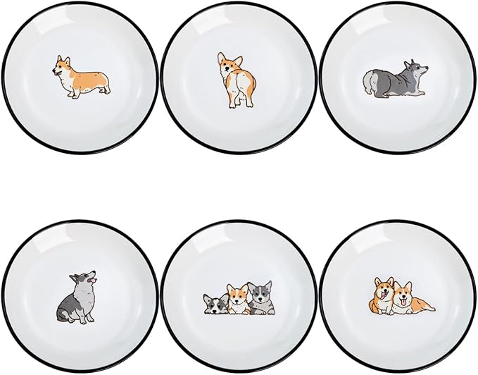 Cute Cartoon Animals Pattern Ceramic Sauce Dishes, Seasoning Dishes, Sushi Soy Dipping Bowls, Appetizer Plates, Dessert Plates, Little Cat Bird Feeding Bowls, Set of 6-Corgi-A-5 Inch