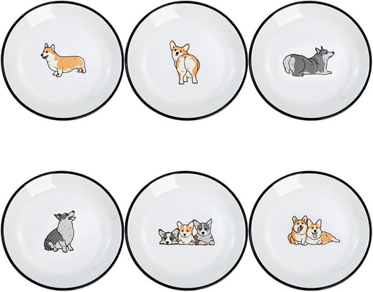 Cute Cartoon Animals Pattern Ceramic Sauce Dishes, Seasoning Dishes, Sushi Soy Dipping Bowls, Appetizer Plates, Dessert Plates, Little Cat Bird Feeding Bowls, Set of 6-Corgi-A-5 Inch
