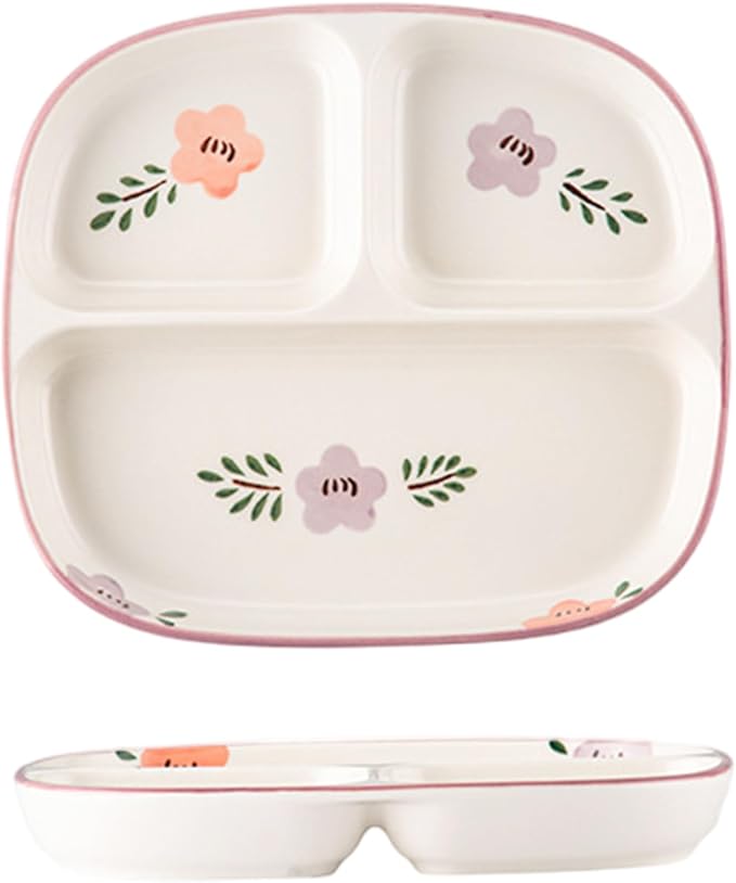 Divided Plates with 3 Compartment 8.3x7.3x1 Square Floral Pattern Ceramic Portion Control Plates for Adults & Kids, Home, School, Kindergarten Christma