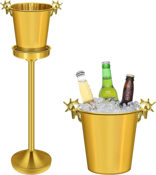 Ice Bucket with Stand,Gold Stainless Steel Champagne Ice Bucket,Deer Head Handle Wine Chiller Bucket for Christmas Wedding Bars,5L Wine Bucket on Stand for Cocktails Beer Sparkling Wine