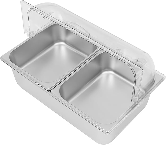 2 Pans Ice Food Serving Display Container w/Clear Roll Top Cover, Stainless Steel Serving Tray Catering Supplies Buffet Display Condiment Dispenser Plate Case for Restaurant Hotel Kitchen