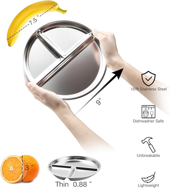 Stainless Steel Kids Plates Set of 3, 9" Portion Control Plates Divided Plate for Adults Toddlers Balance Lunch, Bariatric & Diabetic Diet, Non Toxic Camping Metal Snack Plate for Eating