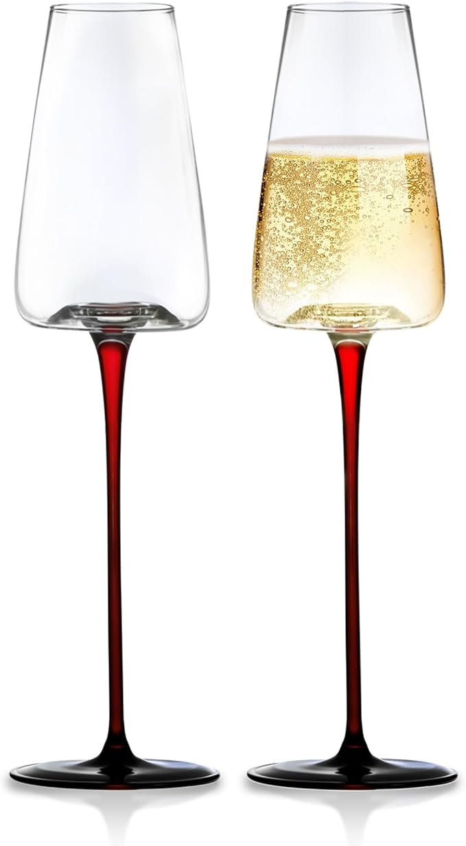 LEMONSODA Concave Champagne & Wine Glasses - Modern Red Stem & Black Bottom for Sparkling Wine, Rosé, Prosecco, Champagne – Handcrafted Barware, Perfect for gift (9oz, Set of 2)
