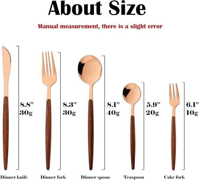 20-piece Wood Silverware Set for 4, Include Knife Fork Spoon, Stainless Steel Flatware Set with Wooden Handle, Mirror, Dishwasher Safe, for Home Kitchen Travel - Round Handle Rose Gold