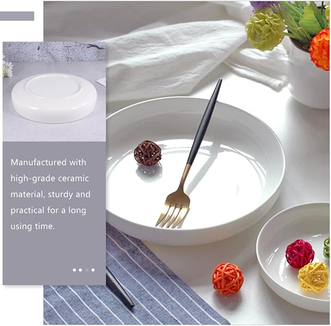 Ceramic Serving Platter 21cm Shallow Food Plate Glossy White Multi-use Dinnerware for Western Cuisine Steak Pasta Appetizer