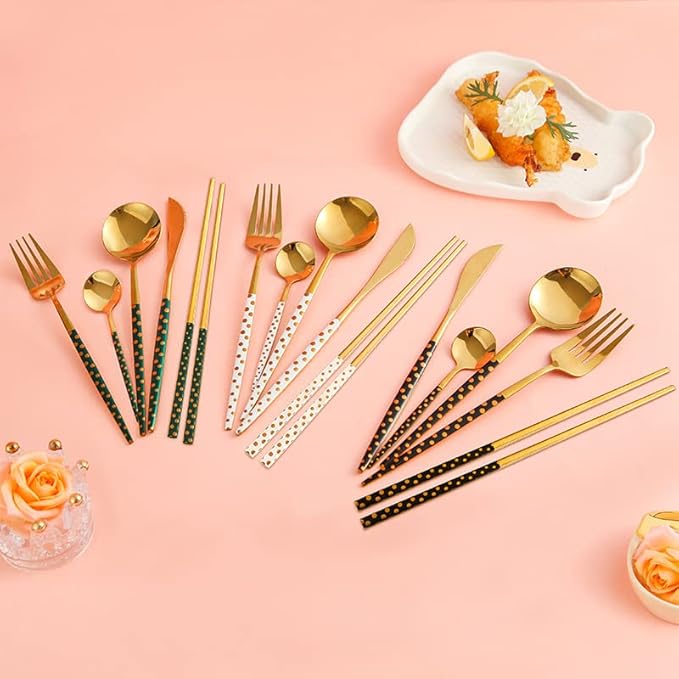 Stainless Steel Flatware serving set,Home Kitchen Eating Tableware Set,Dishwasher Safe,For Home Kitchen Restaurant Hote 4/16/24/32 Pieces Stainless Steel Tableware Creative Polka Dot Hotel Home Main M