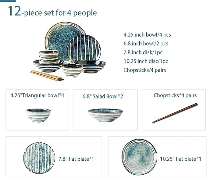 Retro Style Dinnerware Sets, Striped Art Style Plate and Bowl Sets, Japanese Ceramic Dishware Sets, Kitchen Plate Set for 4, 5, 6 People, Dishwasher and Microwave S (White 12Pcs)