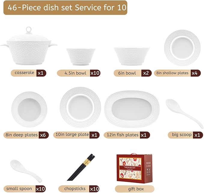 White Dinnerware Sets for 8 Dinner Plates 24 31 38 46 62pcs Plates And Bowls Sets Simple Style Dishware Sets Kitchen Dishes Set Dinner Set for Family Gatherings Dishwasher&Microwave Safe(46pcs)