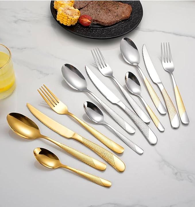 diamond hammered silverware set, 30-piece cutlery set for 6 people, Checkered Handle Stainless Steel Flatware serving set - Cutlery Set For Home Kitchen