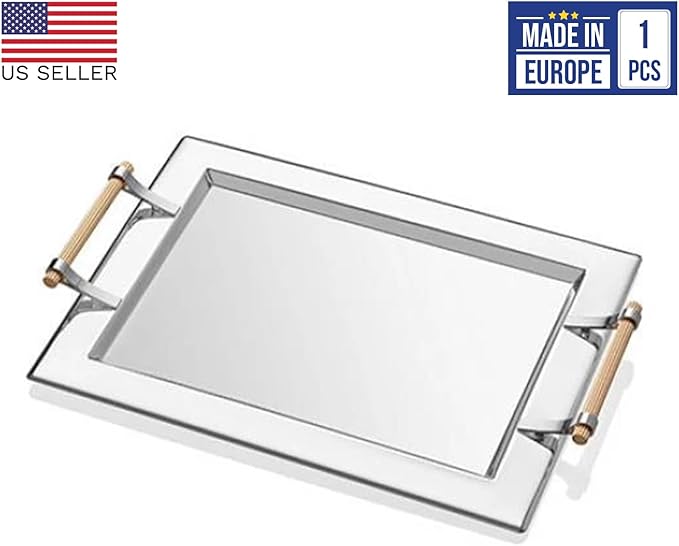 Krom Tray with Gold Colored Handles | Stylish Serving Tray | Elegant Rectangular Serving Tray | Functional Anti-Tarnish Serving Platter with Gold Handles | Decorative Tableware, Silver, 17.7 x 13.8 in
