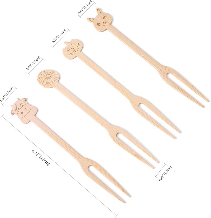 Bamboo Small Forks, 4.72 Inch 200 (4 Designs x 50) Appetizer Forks, Mini/Tiny Forks Dispoable Compostable for Charcuterie, Fruit, Desserts, Cocktail Parties, Wedding Snacks Bamboo Appetizer Picks