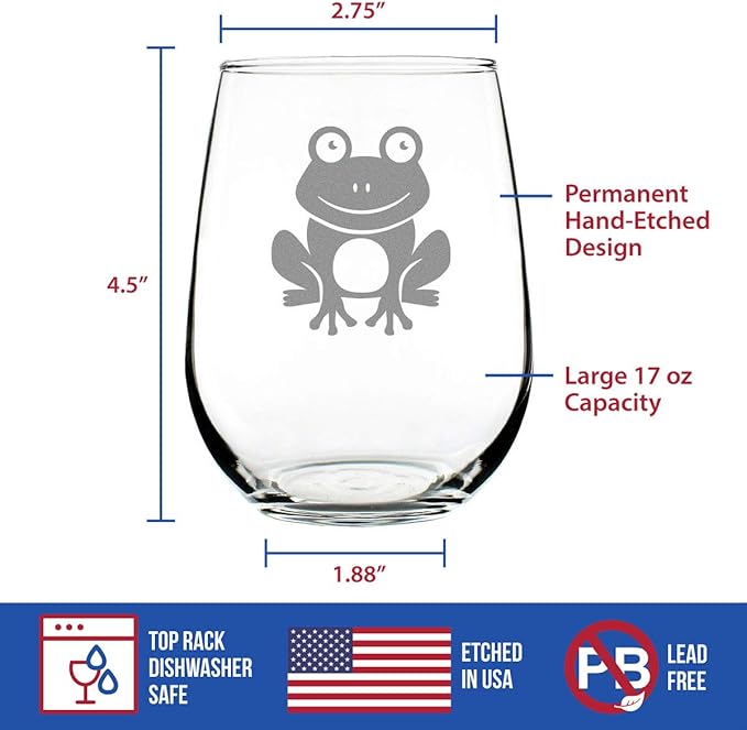 Bevvee Happy Frog - Stemless Wine Glass - Themed Gifts and Decor for Frog Lovers - Large 17 Oz