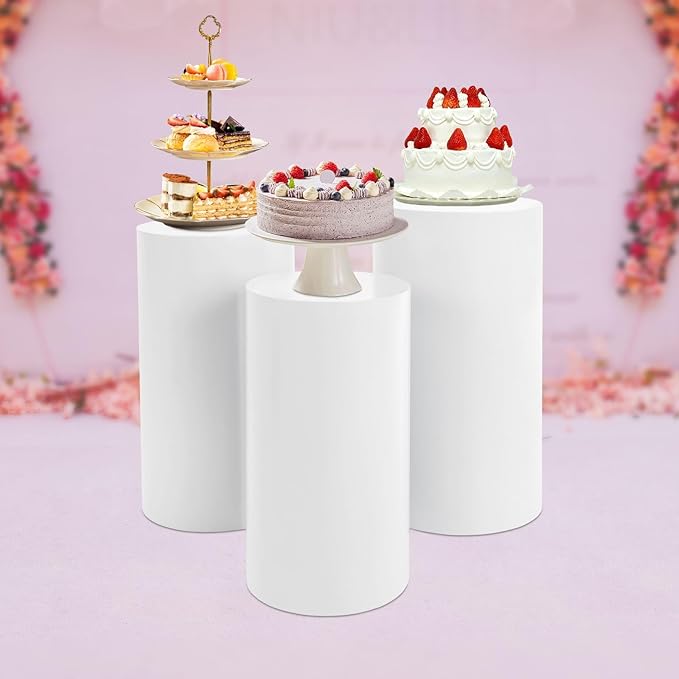 Flower Cylindrical Display Stands 3Pcs Cylinder Cake Pedestal Stands White Round Table Display Rack for Wedding Birthday Party