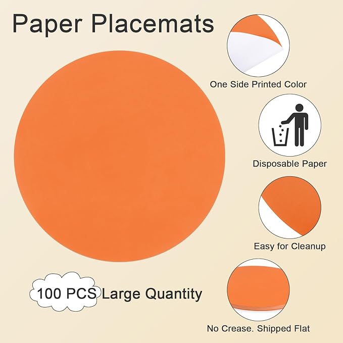 SHACOS 100 PCS Round Paper Placemats 13 inch Disposable Fall Place Mats for Dinner Wedding Birthday Party Festival Table Decoration Indoor Outdoor, Orange
