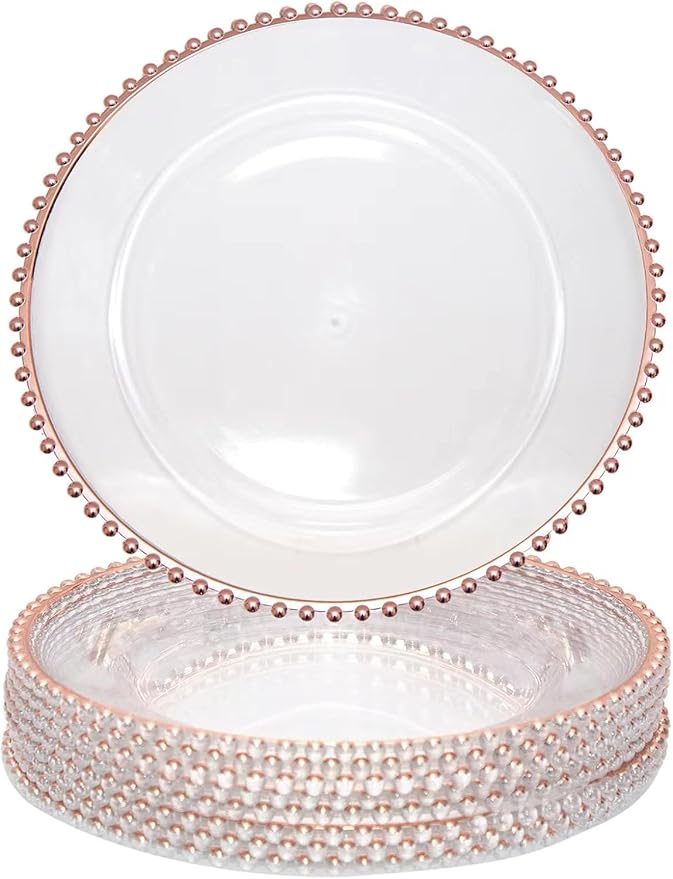 25 Pcs Clear Acrylic Round Charger Plates With Beaded Rim Plastic Charger Plate Bulk for Dinner Table Plate for Parties Wedding Décor Placemats,13in (25pcs-Pink-1)
