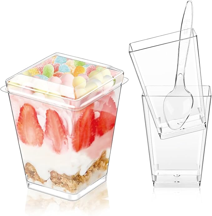 25Pack 5oz Plastic Dessert Cups with Lids and Spoons, Reusable Clear Parfait Appetizer Cups, Square Party Shooter Serving Cup, Mini Dessert Shot Glasses for Tasting