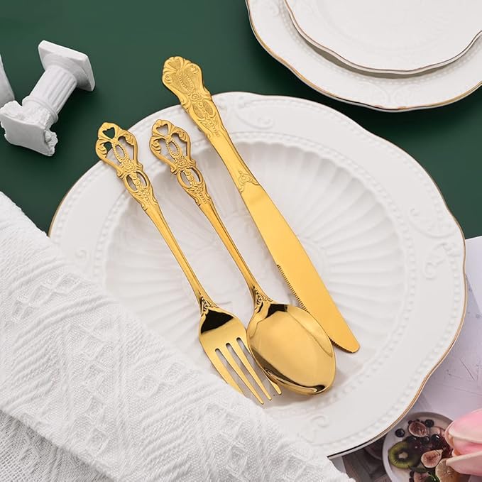 Gold Flatware Set For 4, 20 Pieces 18/0 Stainless Steel Silverware Set, Cutlery Utensils Set Include Knives/Forks/Spoons, Antique Baroque Style & Luxury Mirror Polished