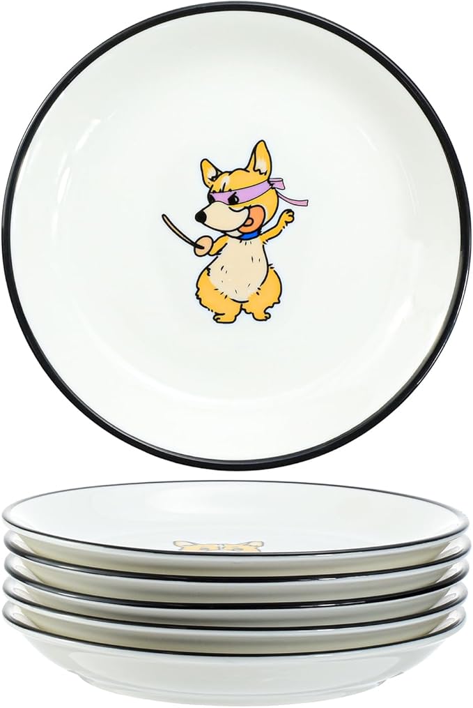 Cute Cartoon Animals Pattern Ceramic Sauce Dishes, Seasoning Dishes, Sushi Soy Dipping Bowls, Appetizer Plates, Dessert Plates, Little Cat Bird Feeding Bowls, Set of 6-Cute Corgi-5 Inch