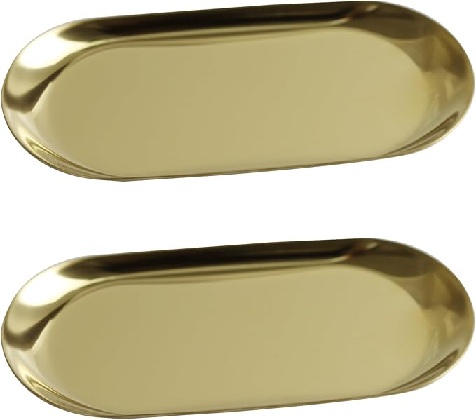 2Pcs 7x3.3inch Stainless Steel Decorative Trays, Oval Jewelry Dish Cosmetics Organizer, Gold Serving Platter for Bathroom Vanity Dresser Storage