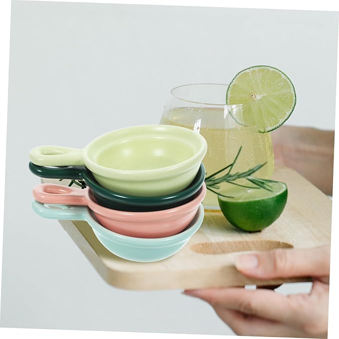 PRETYZOOM 4pcs Creative Ceramic Plates for Dipping Sauce Japanese Style Appetizer Bowls Cute Handle Design for Snacks Soy Sauce and Condiments Matte