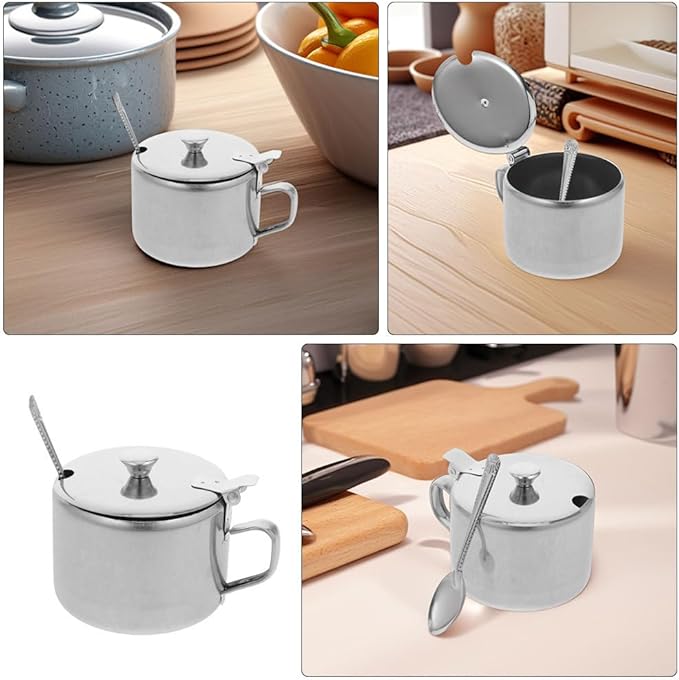 BESTonZON 3 Set Condiment Jars With Lid Spoon 3. 9" Metal Sugar Bowls Stainless Steel Pepper Container Salt Pot Seasoning Bottle For Kitchen Counter