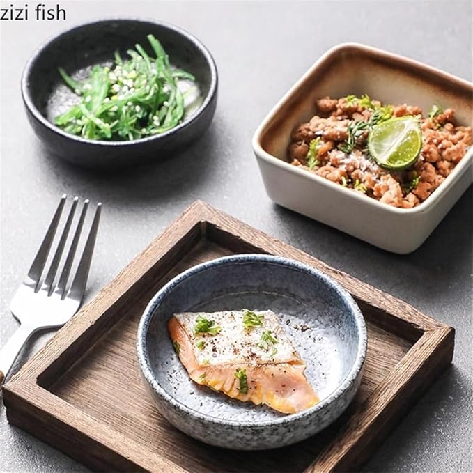snack plate Vintage Ceramic Seasoning Dish Soy Sauce Vinegar Dishes Appetizer Plate Sushi soup bowl(Blue)