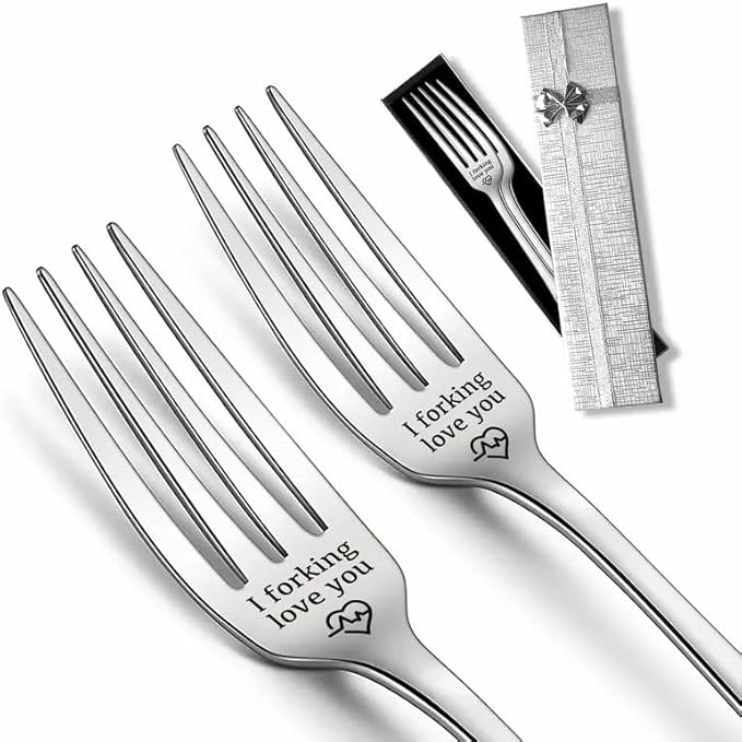 Engraved Ice Cream Spoon Gifts for Couple on Anniversary, 2 Pcs Personalized Coffee Spoon Stainless Steel, Couple Gifts for Him and Her on Valentines Day (Forks, i Forking Love You-2)