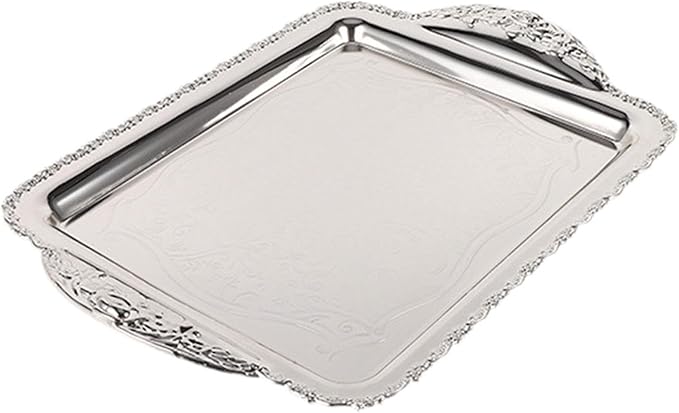 Decorative Fruit Tray Serving Platter Handcrafted Wearproof Drop Resistant Rectangle Plate Fruit Plate for Home Restaurant, Silver, Medium