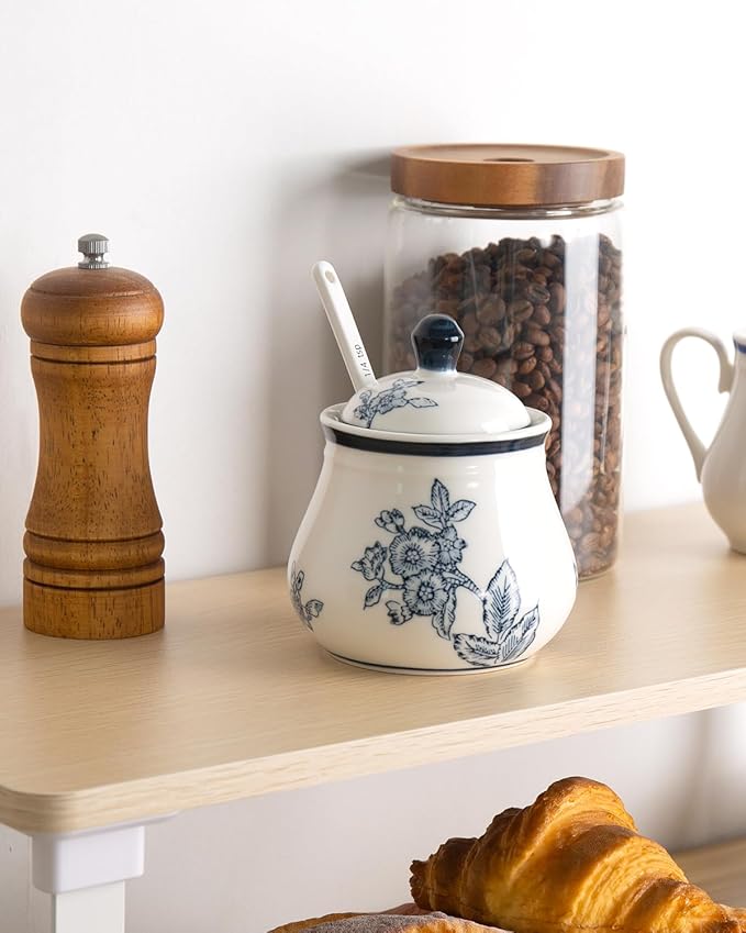 Ceramic Sugar Bowl with Lid and Spoon, 11Oz Sugar Container for Coffee Bar, Blue and White Sugar Jar/Dispenser, Flowers and Branches