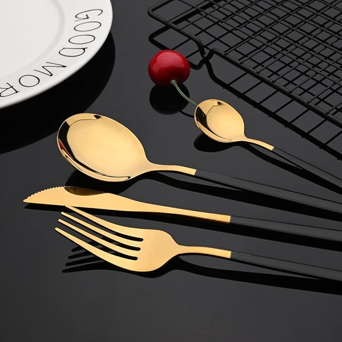 JASHII 24-piece Forks and Spoons Silverware Set with Stand, Metal Tableware Cutlery Set Titanium Black and Golden Plated Stainless Steel Flatware Set,Service for 6,Mirror Polished