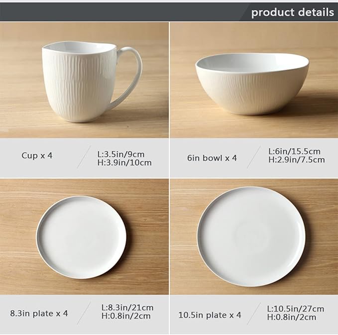 Ceramics Dinnerware Sets, Dinnerware Set, 16 Piece Relief Classic White Porcelain Combination Tableware Set Plates and Bowls Sets for Desserts, Service for 4